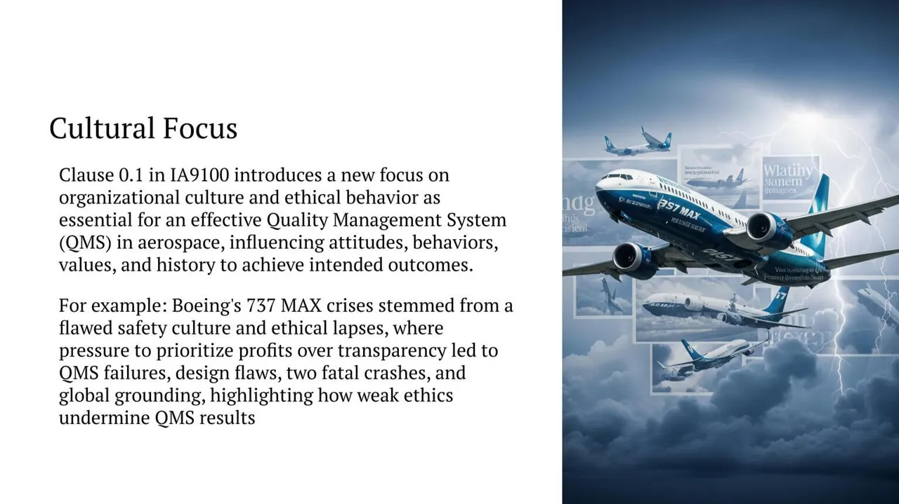 IA9100 culture and ethics slide: Clause 0.1 organizational culture and ethical behavior in the quality management system