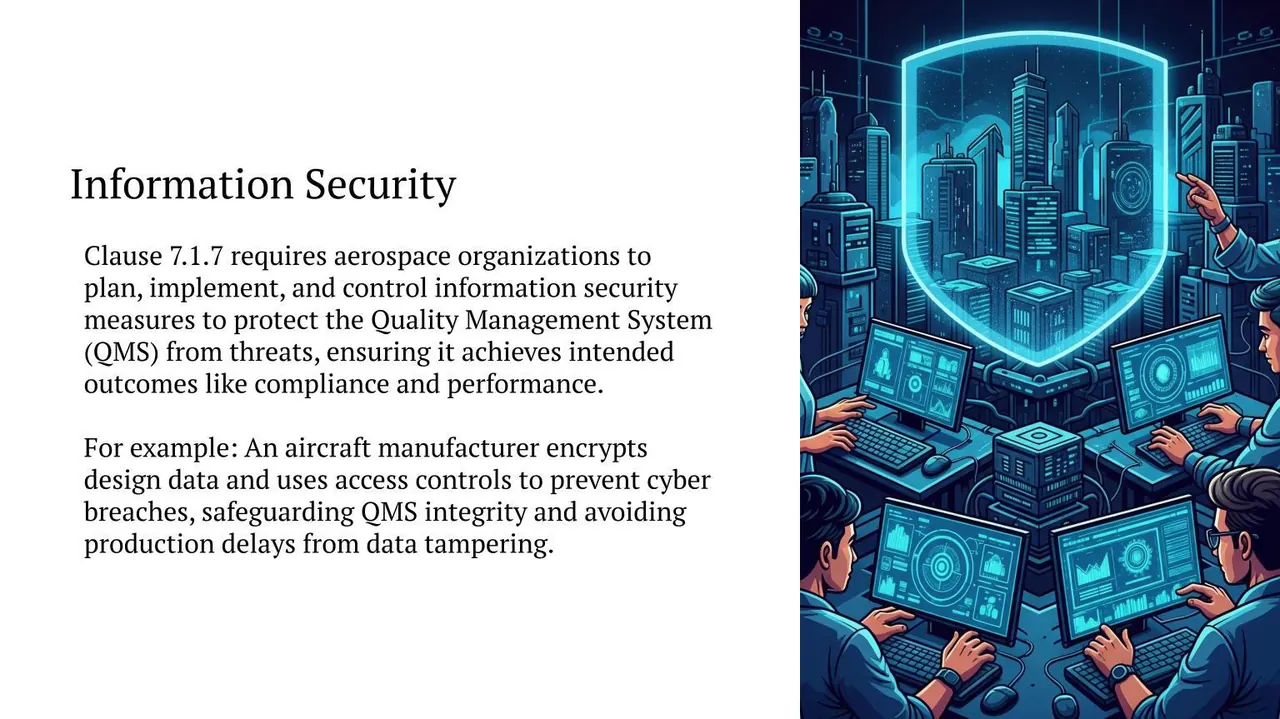 IA9100 information security slide: Clause 7.1.7 requires planning and controlling information security to protect the QMS