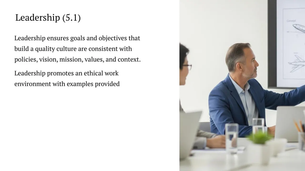 IA9100 leadership slide: Clause 5.1 leadership promotes a quality culture and an ethical work environment