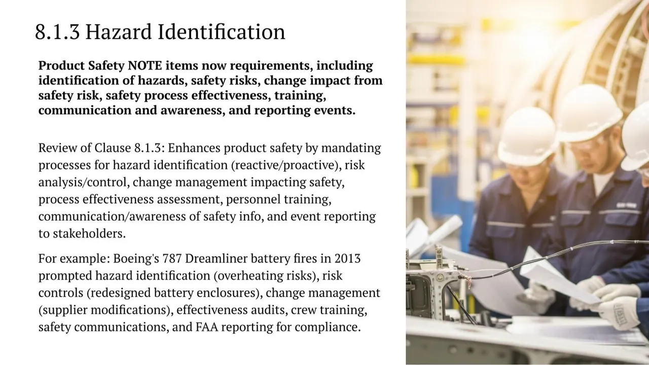 IA9100 clause 8.1.3 hazard identification: product safety notes become requirements