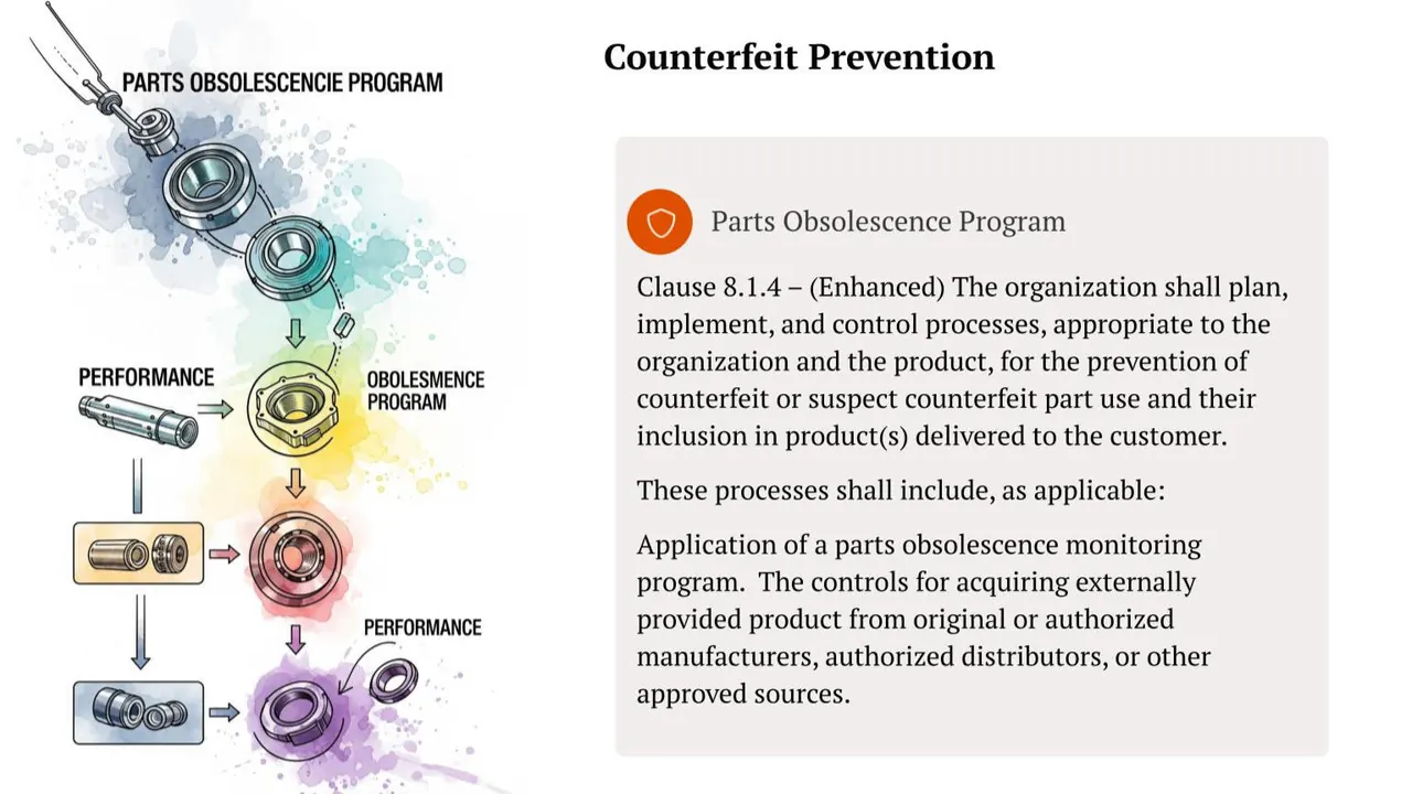 IA9100 counterfeit prevention: parts obsolescence program under clause 8.1.4