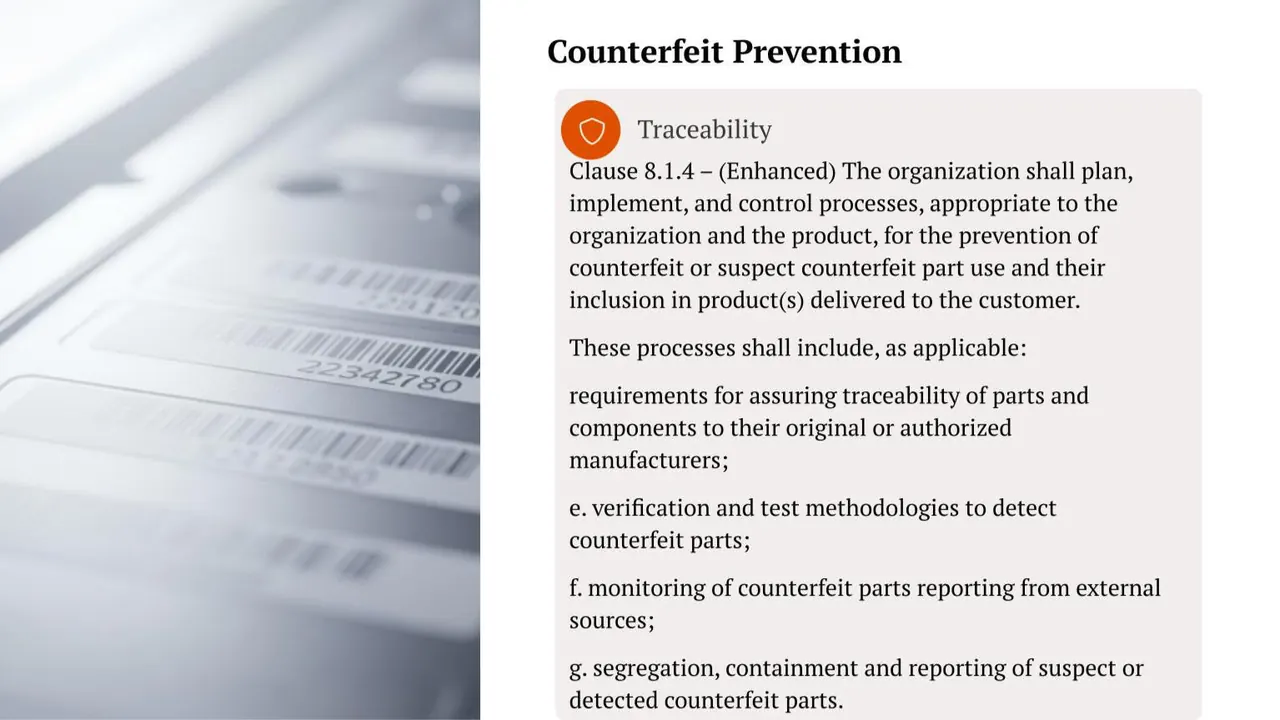 IA9100 counterfeit prevention: traceability of parts and components under clause 8.1.4