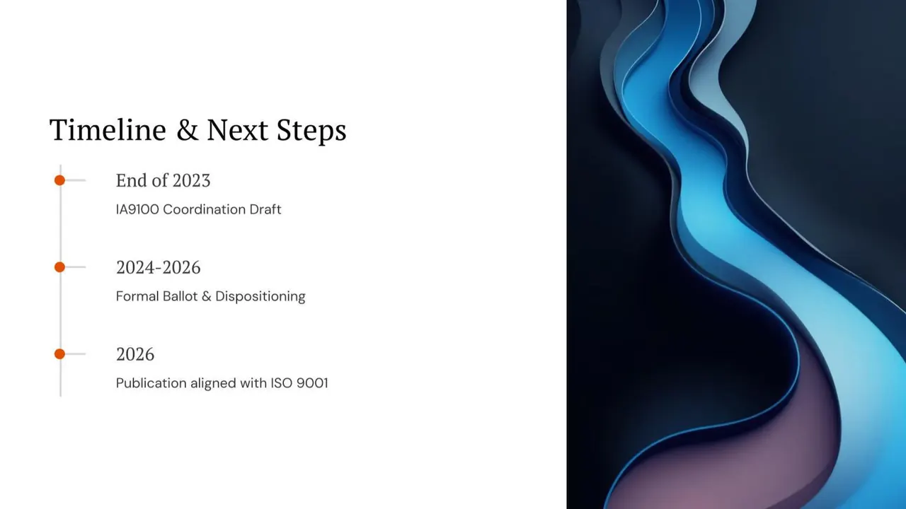 IA9100 timeline and next steps: coordination draft, formal ballot and dispositioning, publication aligned with ISO 9001