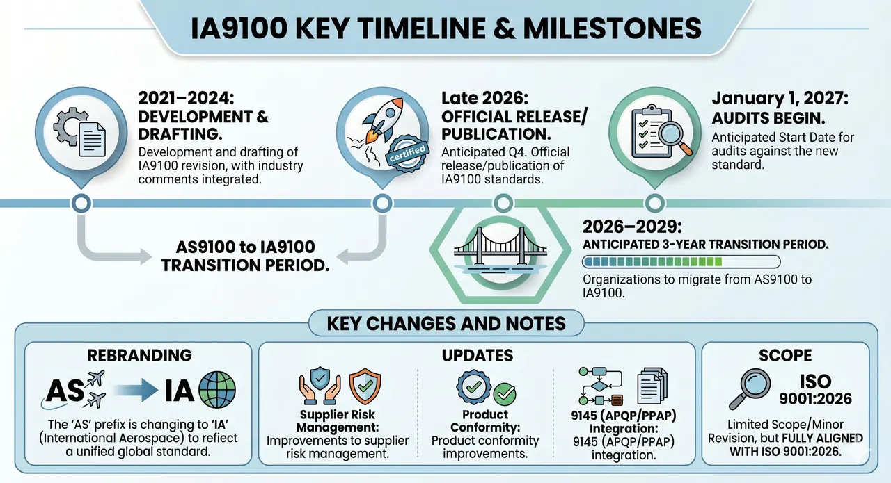 IA9100 key timeline and milestones: 2021–2024 development and drafting, late 2026 expected publication, around 1 January 2027 audits expected to begin, 2026–2029 anticipated transition period, plus key changes such as the AS to IA rebranding